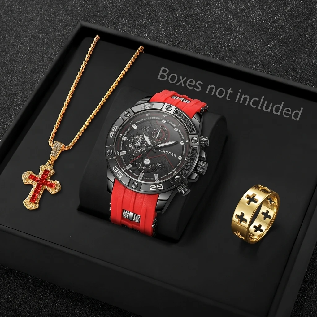 Men Accessories Gadgets - 3-częściowy modny męski zestaw sportowy: zegarek,